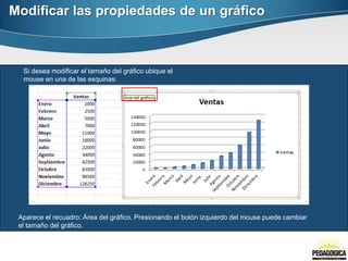 Modificar las propiedades de un gráfico
Si desea modificar el tamaño del gráfico ubique el
mouse en una de las esquinas:
Aparece el recuadro: Área del gráfico. Presionando el botón izquierdo del mouse puede cambiar
el tamaño del gráfico.
 