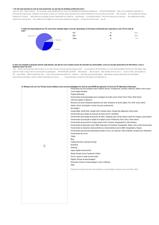 7. Se não está atuando em sala de aula atualmente, em que tipo de atividade profissional atua?
atuo em sala Não se aplica. No momento, estou trabalhando em casa com digitação de trabalhos acadêmicos. SETOR FINANCEIRO Atuo como vendedora e também na
emissão de notas fiscais, cadastros de clientes, e-mails, etc. Também estou atuando como tutora a distância do curso de física da UFSM. não se aplica Sou secretária de Escola
Estadual há 18 anos. Arte cerâmica, produção de arte e artesanato me cerâmica empresarial Funcionário público - Técnico de Recursos Humanos. Sou professora e estou
atuando em sala de aula Sou professora de Inglês em uma escola particular de línguas. Só atuo em sala de aula Sou té ...
8. Antes da especialização em TIC, você havia realizado algum curso de capacitação ou formação continuada para capacitá-lo a usar TIC em sala de
aula?
Sim 9 30%
Não 19 63%
Other 2 7%
9. Caso sua resposta à pergunta anterior seja positiva, que tipo de curso realizou (Curso de extensão via universidade, curso em escolas particulares de informática, curso a
distância sobre TIC, etc)?
não Grupos de Pesquisas relacionados ao uso das TICs em sala de aula de línguas e EaD. Cursos Básico de Informática e o Curso de Nível Médio Técnico em Informática. Mas,
aprendi muitas coisas sobre as tecnologias na graduação. NÃO REALIZEI CURSOS. Não realizei. não se aplica Não realizei nenhum curso. Curso no NTE, pelo estado do
RS não realizei Minha resposta foi não. Curso semi presencial sobre TIC Nenhum Somente esta especialização Autodidata, escolas particulares de informática,
seminários/convenções, visitas a outras instituições de ensino. --- Cursos técnicos na área de informática e de extensão na ...
10. Marque com um X as TIC que você já utilizava como recurso pedagógico em sala de aula ANTES de ingressar no Curso de TIC Aplicadas à Educação:
Dispositivos de comunicação móvel (Telefone celular, smartphones, podcast, netbooks, tablets, entre outros)
Lousa digital interativa
Projetor Multimídia
Ferramentas de apresentação para montagem de slides (como Power Point, Prezi e Slide Show)
Câmeras digitais e webcams
Recursos de áudio (Utilizando aparelhos de rádio, tocadores de áudio digital, CD e DVD, entre outros)
Vídeos, filmes, animações e outros recursos audiovisuais
Simulações
Google Maps, Street View, Google Earth, Google Ocean, Google Sky, Mapquest, entre outras
Ferramentas para edição de arquivos de áudio (como o Audacity)
Ferramentas para edição de arquivos de vídeo, utilizadas para montar vídeos a partir de imagens, para editar filmes e víd
Ferramentas de produção e edição de imagens (como Photoshop, Paint, Gimp, entre outros)
Ferramentas para assistir e divulgar vídeos (como Youtube, Googlevideos e Yahoovideos)
Ferramentas de bate-papo (como MSN, bate-papo do Facebook, Googletalks, Skype, Voip e outras ferramentas de chat)
Ferramentas de vídeochat, videoconferência e webconferência (como MSN, Googletalks e Skype)
Ferramentas para escrita colaborativa de textos (Como, por exemplo, Wiki do Moodle, Google Docs, Wikipédia, Wikicioná
Ferramentas de e-mail
Twitter
Blog
Fotolog (também chamado de flog)
Audioblog
Videolog
Jogos digitais educacionais
Redes Sociais (como Facebook e Orkut)
Fóruns, grupos e listas de discussão
Objetos Virtuais de Aprendizagem
Ambientes Virtuais de Aprendizagem (como o Moodle)
Other
People may select more than one checkbox, so percentages may add up to more than 100%.
 