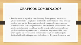 GRAFICOS COMBINADOS
• Los datos que se organizan en columnas y filas se pueden trazar en un
gráfico combinado. Los gráficos combinados combinan dos o más tipos de
gráficos para que los datos sean sencillos de comprender, especialmente
cuando los datos varían en gran medida. Mostrando un eje secundario, este
gráfico es incluso más sencillo de leer. Es este ejemplo, hemos usados un
gráfico de columnas para mostrar el número de hogares vendidos entre
enero y junio y a continuación, hemos usado un gráfico de líneas para
facilitar la identificación por parte de los lectores del precio de venta al mes.
 