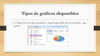 Tipos de gráficos disponibles
• 2.- Haga clic en el tipo de gráfico y luego haga doble clic en el gráfico que
quiera.
 