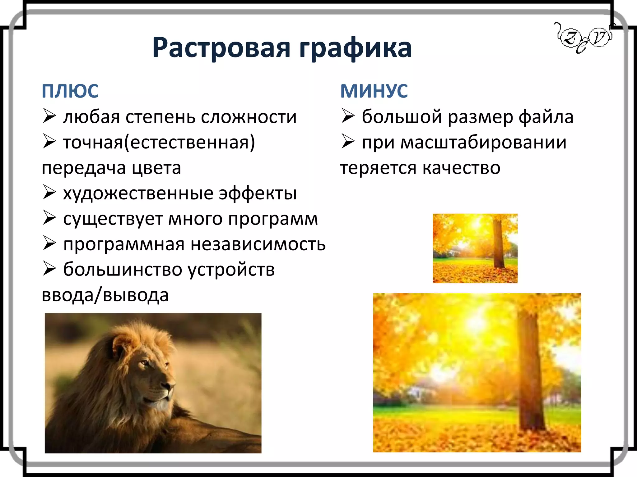 Растровая графика
ПЛЮС
 любая степень сложности
 точная(естественная)
передача цвета
 художественные эффекты
 существует много программ
 программная независимость
 большинство устройств
ввода/вывода
МИНУС
 большой размер файла
 при масштабировании
теряется качество
 