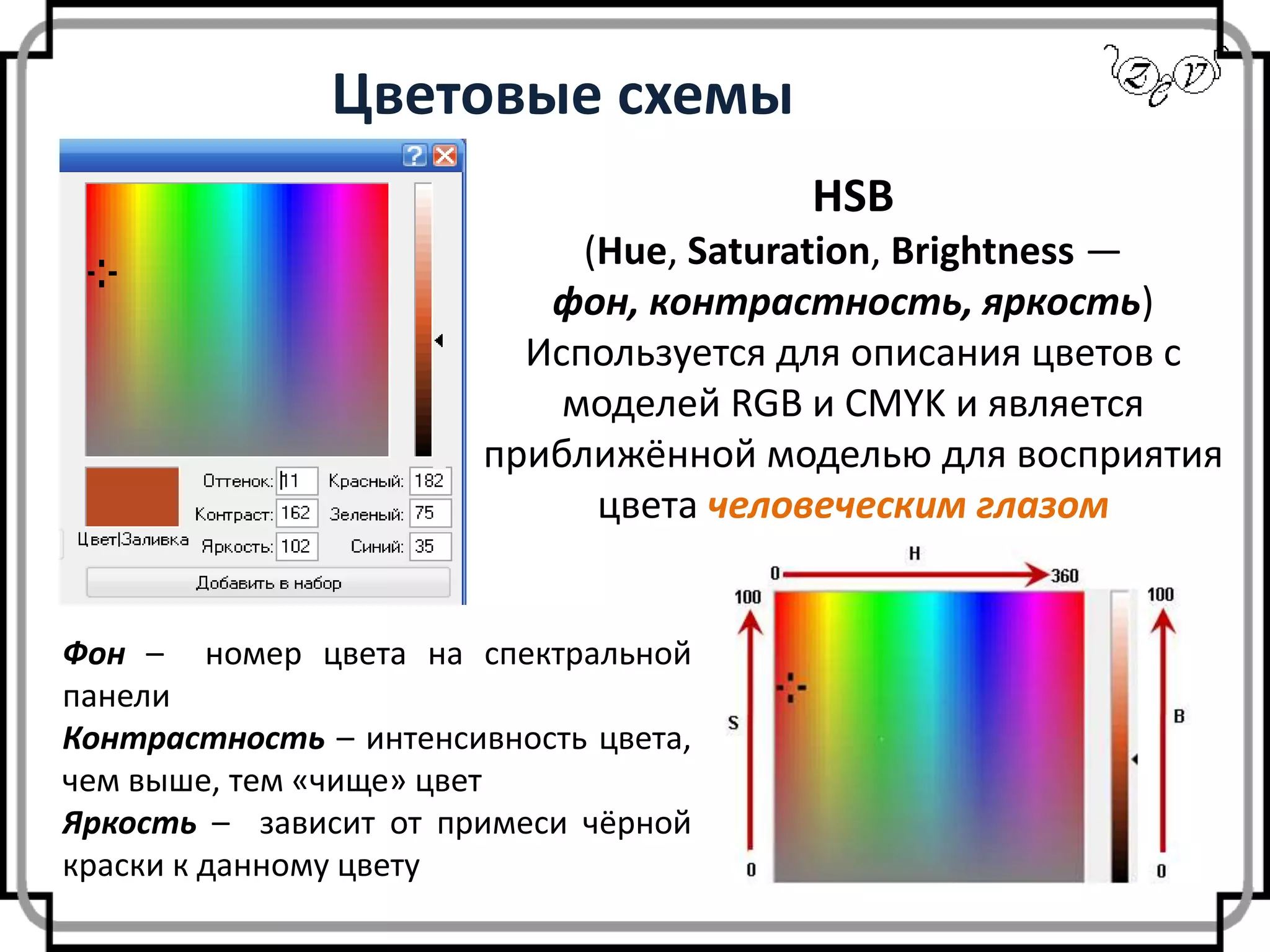 Цветовые схемы
HSB
(Hue, Saturation, Brightness —
фон, контрастность, яркость)
Используется для описания цветов с
моделей RGB и CMYK и является
приближённой моделью для восприятия
цвета человеческим глазом
Фон – номер цвета на спектральной
панели
Контрастность – интенсивность цвета,
чем выше, тем «чище» цвет
Яркость – зависит от примеси чёрной
краски к данному цвету
 