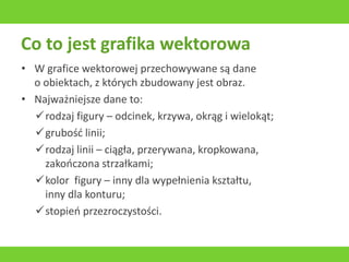 Co to jest grafika wektorowa
• W grafice wektorowej przechowywane są dane
o obiektach, z których zbudowany jest obraz.
• Najważniejsze dane to:
rodzaj figury – odcinek, krzywa, okrąg i wielokąt;
grubość linii;
rodzaj linii – ciągła, przerywana, kropkowana,
zakończona strzałkami;
kolor figury – inny dla wypełnienia kształtu,
inny dla konturu;
stopień przezroczystości.
 