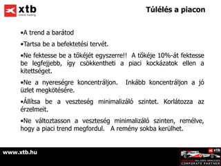 Túlélés a piacon


     •A trend a barátod
     •Tartsa be a befektetési tervét.
     •Ne fektesse be a tőkéjét egyszerre!! A tőkéje 10%-át fektesse
     be legfejjebb, így csökkentheti a piaci kockázatok ellen a
     kitettséget.
     •Ne a nyereségre koncentráljon.    Inkább koncentráljon a jó
     üzlet megkötésére.
     •Állítsa be a veszteség minimalizáló szintet. Korlátozza az
     érzelmeit.
     •Ne változtasson a veszteség minimalizáló szinten, remélve,
     hogy a piaci trend megfordul. A remény sokba kerülhet.


www.xtb.hu
 