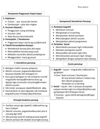 ©yus_iptarius

Komponen Pnggunaan Papan kapur
1. Kejelasan :
Tulisan - saiz sesuai dan kemas
Gambarajah – jelas dan ringkas
2. Susunan (layout) ;
Penggunaan ruang seimbang
Susunan jelas
Nota disusun bersistematik
3. Penonjolan / Penekanan:
Pnggunaan kapur warna yg ssuai&mnarik
4. Teknik Persembahan berjaya :
Membentuk konsep jelas dan tepat
Memudahkan konsep yang susah
Mlibatkn murid dlm aktiviti pmbelajaran
Menggunakan masa yg sesuai
7. Kemahiran penutup
Bahagian trakhir sesuatu pelajaran
Aktiviti rumusan, pngukuhan&pnilaian
biasanya diadakn dlm bahagian ini.
Guru guna bahagian ini utk mmbantu murid2
mngukuhkn konsep@kmahiran baru yg
dplajari dgn mrumuskn isi2 pnting@mmberi
aktiviti susulan
Utk mnilai pncapaian objektif&aktiviti p&p
Hasil pnilaian ini akan dgunakn utk membuat
pngubahsuaian trhadap p&p brikutnya
Prinsip2 kmahiran pnutup
Pastikan sesuai dgn objektif, isi&kmahiran yg
baru d plajari
Aktiviti rumusan, pngukuhan&susulan prlu d
rancang dgn teliti
Sdia pnutup sosial di smping pnutup kognitif
Aktiviti pnilaian blh diadakn di pringkt pnutup

Komponen2 Kemahiran Penutup
1. Perkaitan kognitif
Membuat rumusan
Mengulangi isi-isi penting
Menjalankan aktiviti penilaian
Mencadangkan aktiviti susulan
Menjalankan aktiviti pengukuhan
2. Perkaitan Sosial
Menimbulkn perasaan ingin mlaksanakn
Memberi peneguhan positif
Mewujudkan perasaan ingin tahu
Memotivasikan perasaan ingin belajar
Mengaitkan dengan pelajaran akan datang
2 jenis penutup
1. Kognitif – tujuan : mngukuhkn isi&kmahiran
yg dplajari
Cara : Buat rumusan / kesimpulan
Bri krja brtulis/ latihan / lmbarn krja
Beri aktiviti pengayaan
Penyoalan isi-isi penting
2. Sosial – tujuan : beri 1 prasaan pncapaian
supaya mereka ingin trus blajar@aplikasi apa
yg dipelajari dlm khidupan harian
Caranya : guna teknik peneguhan@tugas
lanjutan

 