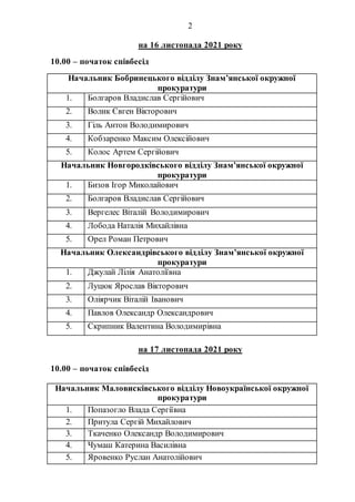 2
на 16 листопада 2021 року
10.00 – початок співбесід
на 17 листопада 2021 року
10.00 – початок співбесід
Начальник Бобрин...