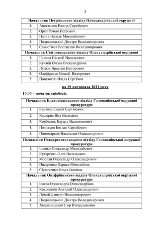 3
на 19 листопада 2021 року
10.00 – початок співбесід
Начальник Благовіщенського відділу Голованівської окружної
прокурату...