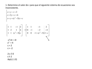 1. Determine el valor de c para que el siguiente sistema de ecuaciones sea
inconsistente.
czcyx
zyx
zyx



)5(
62
2
2
cc
6
2
)5(11
121
111
2



cc 




2
4
2
)5(100
210
111
2
-c2+4 = 0
c2 = 4
c = 2
c = -2
2-c = 0
c = 2
Ap(c): (-2)
 