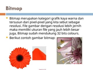 Bitmap
 Bitmap merupakan kategori grafik kaya warna dan
tersusun dari pixel-pixel yang kita sebut sebagai
resolusi. File gambar dengan resolusi lebih jernih
maka memiliki ukuran file yang jauh lebih besar
juga, Bitmap sudah mendukung 32 bits colours.
 Berikut contoh gambar bitmap:
 