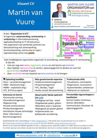 GC
Martin van
Vuure
Ik ben "Organisator in ICT".
Ik organiseer samenwerking, vernieuwing en
verbetering in informatievoorziening,
applicaties/tooling en IT infrastructuur.
Het organiseren van werkende systemen van
dienstverlening met samenwerking,
kennisuitwisseling, community en regie /
eigenaarschap vormt mijn passie.
Voor (middel)grote organisaties organiseer ik verandering, samenwerking en IT-vernieuwing.
Ik doe dit:
met een oog voor• mens, organisatie, proces en met kennis van techniek
door tijdelijk• eigenaarschap te nemen, oplossingsgericht te denken en voor het
gezamenlijke resultaat te gaan
door• creativiteit en een kapstok van best-practices in te brengen
Visueel CV
✉️ MVVUURE@GMAIL.COM, 📱 +31629525732, 🗓 Calendly, , .
Persoonlijke eigenschappen /
kwaliteiten
Servant leader; Continous
learner; Betrokken;
Communicator; Resultaat- &
oplossingsgericht.
Ideaal werk/ ideale opdracht
(zie ook)
•Uitdaging met kop - staart
•Ongebaande paden, gidsen
•Meerdere assen / aspecten
•Bijdragend aan groter geheel
•Implementatie van
beklijvende verandering
Interesses en kennis
Community vorming•
Verandermanagement•
Regievorming•
Visueel communiceren•
Productmanagement•
Introductie nieuwe technologie•
Data• - Informatie en
Kennismanagement
https://db.tt/k0j5Nl4G
Organisator in ICT
Mijn geselecteerde expertise
Implementatiemanagement•
Projectmanagement•
ITIL,• DevOps, Togaf
Audio visuele dienstverlening•
Professionele skills
•Visualiseren, versimpelen
•Organiseren, structureren
•Systeemdenker, verbeteraar
•Adviseren en realiseren
🎓 Opleiding hoofdlijn
Sioo• – verandermanagement
HBO• – Biochemie (Ing.)
AMBI• – exploitatie (Ing.)
ITIL & Prince expert•
Gedetailleerde info is beschikbaar in mijn uitgebreide CV. Informatie over mij als persoon kun je vinden in
de Persoonlijke introductie Martin van Vuure en op mijn website: www.martinvanvuure.com.
Mocht ik uw interesse hebben gewekt en wilt u vrijblijvend een afspraak maken om nader kennis te maken en door
te nemen wat we voor elkaar zouden kunnen betekenen dan kunt u contact zoeken via onderstaande gegevens.
Mijn contactinformatie:
 