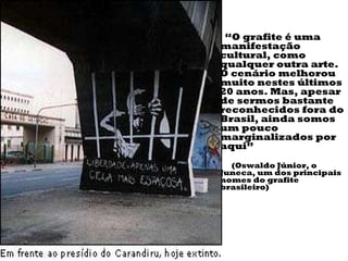 “ O grafite é uma  manifestação cultural , como qualquer outra arte. O cenário melhorou muito nestes últimos 20 anos. Mas, apesar de sermos bastante reconhecidos fora do Brasil, ainda somos um pouco  marginalizados  por aqui”   (Oswaldo Júnior, o Juneca, um dos principais nomes do grafite brasileiro) 