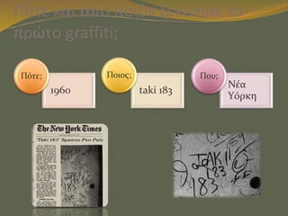 Πότε και από ποιόν ξεκίνησε το
πρώτο graffiti;
1960
Πότε;
taki 183
Ποιος;
Νέα
Υόρκη
Που;
 