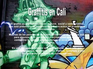 El graffiti es una manifestación cultural, social y comunicativa que está presente y se involucra de manera activa en el ambiente metropolitano.   Muchas de las paredes de la ciudad están llenas de escritos que, para algunos, son una ofensa o un manchón que daña y contamina la estética urbana, pero para otros es lo que  Los identifica. Es una forma de expresión que une culturas, es un arte que expresa sentimientos, de alegría, dolor, tristeza, nostalgia, y son hechos como una forma de comunicación. Graffitis en Cali 