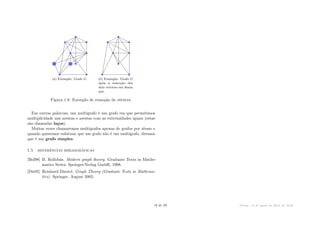 (a) Exemplo: Grafo G. (b) Exemplo: Grafo G
após a remoção dos
dois vértices em desta-
que.
Figura 1.8: Exemplo de remoção de vértices.
Em outras palavras, um multigrafo é um grafo em que permitimos
multiplicidade nas arestas e arestas com as extremidades iguais (estas
são chamadas laços).
Muitas vezes chamaremos multigrafos apenas de grafos por abuso e
quando quisermos enfatizar que um grafo não é um multigrafo, diremos
que é um grafo simples.
1.5 referências bibliográficas
[Bol98] B. Bollobás. Modern graph theory. Graduate Texts in Mathe-
matics Series. Springer-Verlag GmbH, 1998.
[Die05] Reinhard Diestel. Graph Theory (Graduate Texts in Mathema-
tics). Springer, August 2005.
10 de 89 Versão: 13 de agosto de 2015, às 16 08
 