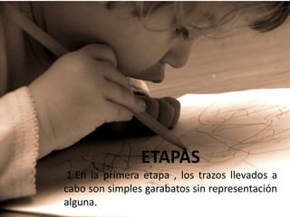 ETAPAS
1.En la primera etapa , los trazos llevados a
cabo son simples garabatos sin representación
alguna.
 