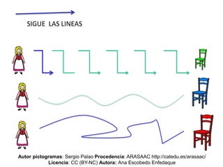 SIGUE LAS LINEAS
Autor pictogramas: Sergio Palao Procedencia: ARASAAC http://catedu.es/arasaac/
Licencia: CC (BY-NC) Autora: Ana Escobedo Enfedaque
 