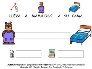 LLEVA A MAMÁ OSO A SU CAMA
Autor pictogramas: Sergio Palao Procedencia: ARASAAC http://catedu.es/arasaac/
Licencia: CC (BY-NC) Autora: Ana Escobedo Enfedaque
 