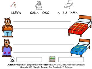 LLEVA CADA OSO A SU CAMA
Autor pictogramas: Sergio Palao Procedencia: ARASAAC http://catedu.es/arasaac/
Licencia: CC (BY-NC) Autora: Ana Escobedo Enfedaque
 
