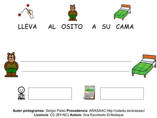 LLEVA AL OSITO A SU CAMA
Autor pictogramas: Sergio Palao Procedencia: ARASAAC http://catedu.es/arasaac/
Licencia: CC (BY-NC) Autora: Ana Escobedo Enfedaque
 