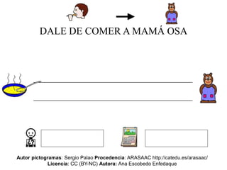 DALE DE COMER A MAMÁ OSA
__________________________________________
__________________________________________
Autor pictogramas: Sergio Palao Procedencia: ARASAAC http://catedu.es/arasaac/
Licencia: CC (BY-NC) Autora: Ana Escobedo Enfedaque
 