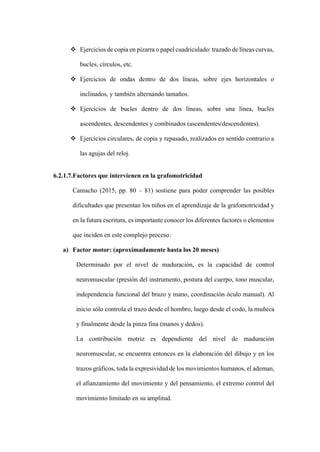 ❖ Ejercicios de copia en pizarra o papel cuadriculado: trazado de líneas curvas,
bucles, círculos, etc.
❖ Ejercicios de ondas dentro de dos líneas, sobre ejes horizontales o
inclinados, y también alternando tamaños.
❖ Ejercicios de bucles dentro de dos líneas, sobre una línea, bucles
ascendentes, descendentes y combinados (ascendentes/descendentes).
❖ Ejercicios circulares, de copia y repasado, realizados en sentido contrario a
las agujas del reloj.
6.2.1.7.Factores que intervienen en la grafomotricidad
Camacho (2015, pp. 80 – 81) sostiene para poder comprender las posibles
dificultades que presentan los niños en el aprendizaje de la grafomotricidad y
en la futura escritura, es importante conocer los diferentes factores o elementos
que inciden en este complejo proceso:
a) Factor motor: (aproximadamente hasta los 20 meses)
Determinado por el nivel de maduración, es la capacidad de control
neuromuscular (presión del instrumento, postura del cuerpo, tono muscular,
independencia funcional del brazo y mano, coordinación óculo manual). Al
inicio sólo controla el trazo desde el hombro, luego desde el codo, la muñeca
y finalmente desde la pinza fina (manos y dedos).
La contribución motriz es dependiente del nivel de maduración
neuromuscular, se encuentra entonces en la elaboración del dibujo y en los
trazos gráficos, toda la expresividad de los movimientos humanos, el ademan,
el afianzamiento del movimiento y del pensamiento, el extremo control del
movimiento limitado en su amplitud.
 