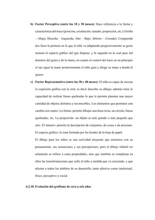 b) Factor Perceptivo (entre los 10 y 30 meses): Hace referencia a la forma y
característica del trazo (posición, orientación, tamaño, proporción, etc.) (Arriba
– Abajo; Derecha – Izquierda; Alto – Bajo; Abierto – Cerrado). Comprende
dos fases la primera en la que el niño va adaptando progresivamente su gesto
manual al espacio gráfico del que dispone, y la segunda en la cual pase del
dominio del gesto y de la mano; en cuanto al control del trazo en un principio
el ojo sigue la mano posteriormente el niño guía y dirige su mano a donde él
quiere.
c) Factor Representativo (entre los 30 y 48 meses): El niño es capaz de asociar
la expresión gráfica con la oral, es decir describe su dibujo; además tiene la
capacidad de realizar líneas quebradas lo que le permite plasmar una mayor
cantidad de objetos distintos y reconocibles. Los elementos que permiten este
cambio son cuatro: La forma: permite dibujar una línea recta, un círculo, líneas
quebradas, etc. La proporción: un objeto es más grande o más pequeño que
otro. El número: permite la descripción de conjuntos, de cosas o de personas.
El espacio gráfico: la zona limitada por los bordes de la hoja de papel.
El dibujo para los niños es una actividad atrayente que armoniza con su
pensamiento, sus sensaciones y sus percepciones, pero el dibujo infantil no
solamente se refiere a estas propiedades, sino que también se completan en
ellos las transformaciones que sufre el niño a medida que va creciendo, y que
afectan a todos los ámbitos de su desarrollo, tanto afectivo como intelectual,
físico, perceptivo y social.
6.2.18. Evolución del grafismo de cero a seis años
 