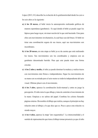 López (2013, 81) describe la evolución de la grafomotricidad desde los cero a
los seis años es la siguiente:
a) A los 18 meses, el bebé inicia la autoexpresión realizando gráficos de
manera espontánea (garabateo). Es aquí donde el bebé ya puede coger los
lápices para luego rayar, sin tener noción de lo que está haciendo. Esto para
ellos son movimientos involuntarios, la cual hace uso del brazo. El bebé no
tiene una coordinación segura de sus trazos, aquí sus movimientos son
incordinates.
b) A los 20 meses, en esta etapa es bebé ya se da cuenta que está realizando
los trazos. Sus movimientos son los coordinados y empieza con un
garabateo denominado barrido. Para que este pueda tener una forma
circular.
c) A los 2 años y medio, el niño ya puede dominar la muñeca y realiza trazos
con movimientos más firmes e independientes. Sigue los movimientos de
su mano con su mirada pero el acto motor es todavía independiente del acto
visual. Obtiene placer con el movimiento.
d) A los 3 años, aparece la coordinación óculo-manual y entra en juego la
percepción. El niño mira lo que dibuja y trata de controlar el movimiento de
la mano. Empieza a no salirse del papel. Combina los colores llenando
páginas enteras. Da nombre al dibujo que realiza, aunque al principio no hay
relación entre el dibujo y lo que dice que es. Poco a poco esta relación va
siendo mayor.
e) A los 4 años, aparece la etapa “pre esquemática”. La intencionalidad y el
sentido de representación que tiene el dibujo toman presencia ya que el niño
 