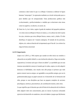 comienza a decir antes lo que va a dibujar. Comienza a elaborar la figura
humana “renacuajos”, la representa mediante un círculo incluyendo poco a
poco detalles que irá enriqueciendo. Estas producciones gráficas irán
evolucionando y perfeccionándose a medida que evolucionen otras áreas
como la cognitiva, la afectiva, la social, etc.
f) Entre los 4 y los 6 años, según el grado de madurez del pequeño podemos
ver cómo unos no dibujan ni brazos ni manos, y a la cabeza tan sólo le pone
los ojos, mientras que otros dibujan brazos, manos, nariz y dedos. El niño
distribuye el espacio de 5 manera anárquica. El tamaño de las personas,
objetos, etc. están en función de la importancia que él las dé. Los colores los
elige de forma emocional.
6.2.19. Importancia
López et al. (2015, p. 108) expone que cuando un niño inicia sus estudios o
educación en un jardín infantil o a una institución educativa, llega con muchas
expectativas, lo mismo sería que si fuera un adulto” y es probable que con una
inmensa necesidad de conocer el mundo que lo rodea, espera, no solo adquirir
destrezas ni habilidades, sino mucho más allá porque el primero que todo
quiere conocer nuevos amigos, ser agradable a sus posibles amigos, por eso la
grafomotricidad juega un papel esencial en el desarrollo de la formación del
niño, porque es una disciplina que hace un paquete completo de acciones
psicológicas, motrices, psicomotrices, de coordinación motora, entre otras.
Lo que significa que el docente que está al frente de la educación de la infancia
debe adquirir todo este conocimiento, para no iniciar el proceso colocando
ejercicios de desarrollo en cuadernos, sino actividades o juegos que fácilmente
 