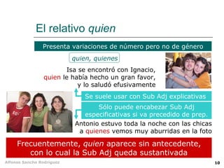 El relativo  quien Isa se encontró con Ignacio, quien  le había hecho un gran favor, y lo saludó efusivamente Frecuentemente,  quien  aparece sin antecedente, con lo cual la Sub Adj queda sustantivada Presenta variaciones de número pero no de género Se suele usar con Sub Adj explicativas  Antonio estuvo toda la noche con las chicas a  quienes  vemos muy aburridas en la foto quien, quienes Sólo puede encabezar Sub Adj especificativas si va precedido de prep. 