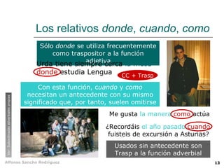 Los relativos  donde ,  cuando ,  como Usados sin antecedente son Trasp a la función adverbial Me gusta  la manera   como  actúa Sólo  donde  se utiliza frecuentemente como traspositor a la función adjetiva Con esta función, c uando  y  como  necesitan un antecedente con su mismo significado que, por tanto, suelen omitirse Ver: Subordinadas adverbiales propias ¿Recordáis  el año pasado   cuando  fuisteis de excursión a Asturias? Urda tiene siempre cerca  la mesa   donde  estudia Lengua CC + Trasp 