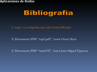 Bibliografía Aplicaciones de Gráfos http://es.wikipedia.org/wiki/Grafos#Grafo Documento PDF “cap3.pdf”, Autor Oscar Meza Documento PDF “temaVII”, Autor Juan Miguel Figueroa 