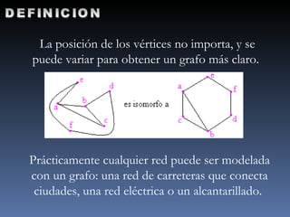 DEFINICION La posición de los vértices no importa, y se puede variar para obtener un grafo más claro.  Prácticamente cualquier red puede ser modelada con un grafo: una red de carreteras que conecta ciudades, una red eléctrica o un alcantarillado.  