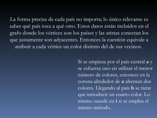 La forma precisa de cada país no importa; lo único relevante es saber qué país toca a qué otro. Estos datos están incluidos en el grafo donde los vértices son los países y las aristas conectan los que justamente son adyacentes. Entonces la cuestión equivale a atribuir a cada vértice un color distinto del de sus vecinos.  Si se empieza por el país central  a  y se esfuerza uno en utilizar el menor número de colores, entonces en la corona alrededor de  a  alternan dos colores. Llegando al país  h  se tiene que introducir un cuarto color. Lo mismo sucede en  i  si se emplea el mismo método .  