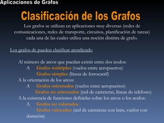 Aplicaciones de Gráfos Clasificación de los Grafos Los grafos se utilizan en aplicaciones muy diversas (redes de comunicaciones, redes de transporte, circuitos, planificación de tareas) cada una de las cuales utiliza una noción distinta de grafo. Los grafos de pueden clasificar atendiendo Al número de arcos que puedan existir entre dos nodos:  􀂃  Grafos múltiples  (vuelos entre aeropuertos)  􀂃  Grafos simples  (líneas de ferrocarril) A la orientación de los arcos: 􀂃  Grafos orientados  (vuelos entre aeropuertos) 􀂃  Grafos no orientados  (red de carreteras, líneas de teléfono) A la existencia de funciones definidas sobre los arcos o los nodos: 􀂃  Grafos no valorados   􀂃  Grafos valorados  (red de carreteras con kms, vuelos con duración) 