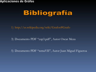 Bibliografía Aplicaciones de Gráfos <ul><li>http://es.wikipedia.org/wiki/Grafos#Grafo </li></ul><ul><li>Documento PDF “cap...