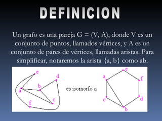 DEFINICION Un grafo es una pareja G = (V, A), donde V es un conjunto de puntos, llamados vértices, y A es un conjunto de p...
