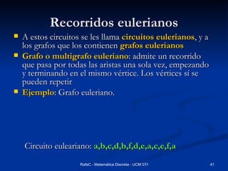 Recorridos eulerianos A estos circuitos se les llama  circuitos eulerianos , y a los grafos que los contienen  grafos eulerianos Grafo o multigrafo euleriano : admite un recorrido que pasa por todas las aristas una sola vez, empezando y terminando en el mismo vértice. Los vértices sí se pueden repetir Ejemplo : Grafo euleriano.  Circuito euleariano:  a,b,c,d,b,f,d,e,a,c,e,f,a 