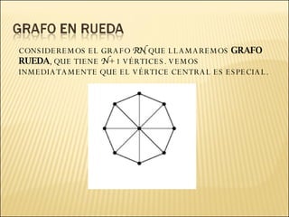 CONSIDEREMOS EL GRAFO  RN , QUE LLAMAREMOS  GRAFO RUEDA , QUE TIENE  N  + 1 VÉRTICES. VEMOS INMEDIATAMENTE QUE EL VÉRTICE CENTRAL ES ESPECIAL.  