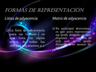Formas de representación
Listas de adyacencia
 La lista de adyacencia
para un vértice i es
una lista, en algún
orden, de todos los
vértices adyacentes a i.

Matriz de adyacencia
 Su principal desventaja
es que para representar
un grafo dirigido se que
requiere un espacio Ω
(n2) aun si el grafo
dirigido tiene menos de
n2.

 