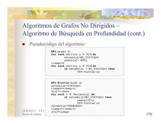 UCR-ECCI CI-1204 Matemáticas Discretas
Teoría de Grafos
Algoritmos de Grafos No Dirigidos –
Algoritmo de Búsqueda en Profundidad (cont.)
 Pseudocódigo del algoritmo:
156
 