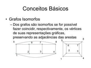 Conceitos Básicos
• Grafos Isomorfos
– Dos grafos são isomorfos se for possível
fazer coincidir, respectivamente, os vértices
de suas representações gráficas,
preservando as adjacências das arestas
1
2 3 4
5 6 7 8
1
2 3
4
5
6 7
8
 