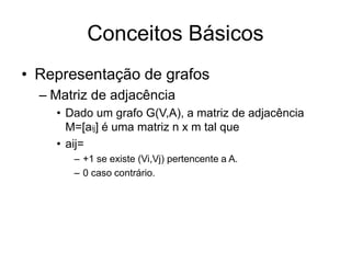 Conceitos Básicos
• Representação de grafos
– Matriz de adjacência
• Dado um grafo G(V,A), a matriz de adjacência
M=[aij] é uma matriz n x m tal que
• aij=
– +1 se existe (Vi,Vj) pertencente a A.
– 0 caso contrário.
 