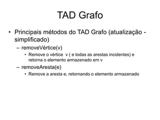 TAD Grafo
• Principais métodos do TAD Grafo (atualização -
simplificado)
– removeVértice(v)
• Remove o vértice v ( e todas as arestas incidentes) e
retorna o elemento armazenado em v
– removeAresta(e)
• Remove a aresta e, retornando o elemento armazenado
 