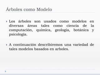 Árboles como Modelo
 Los árboles son usados como modelos en
diversas áreas tales como ciencia de la
computación, química, geología, botánica y
psicología.
 A continuación describiremos una variedad de
tales modelos basados en arboles.
 