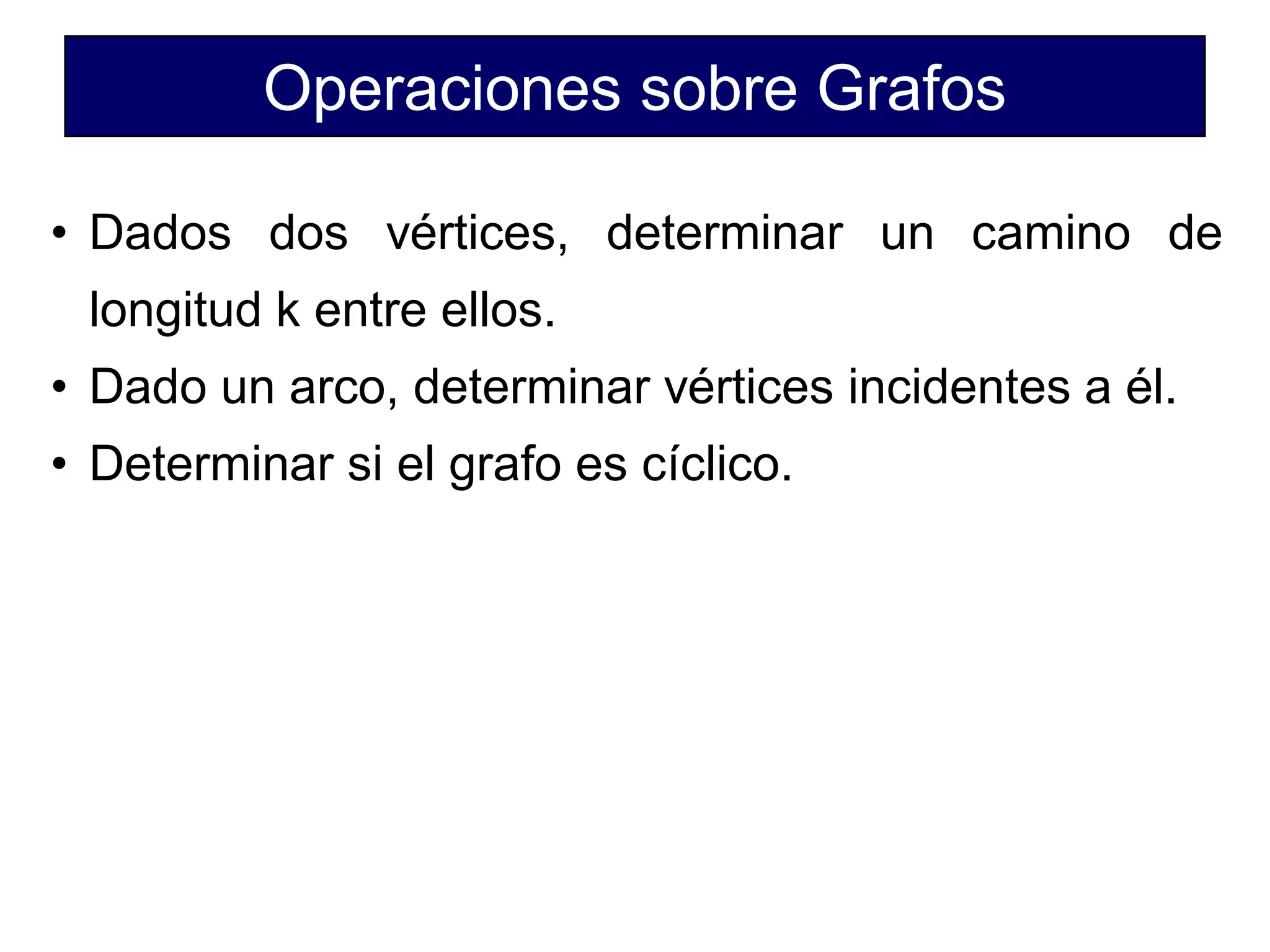 Operaciones sobre Grafos
• Dados dos vértices, determinar un camino de
longitud k entre ellos.
• Dado un arco, determinar vértices incidentes a él.
• Determinar si el grafo es cíclico.
 