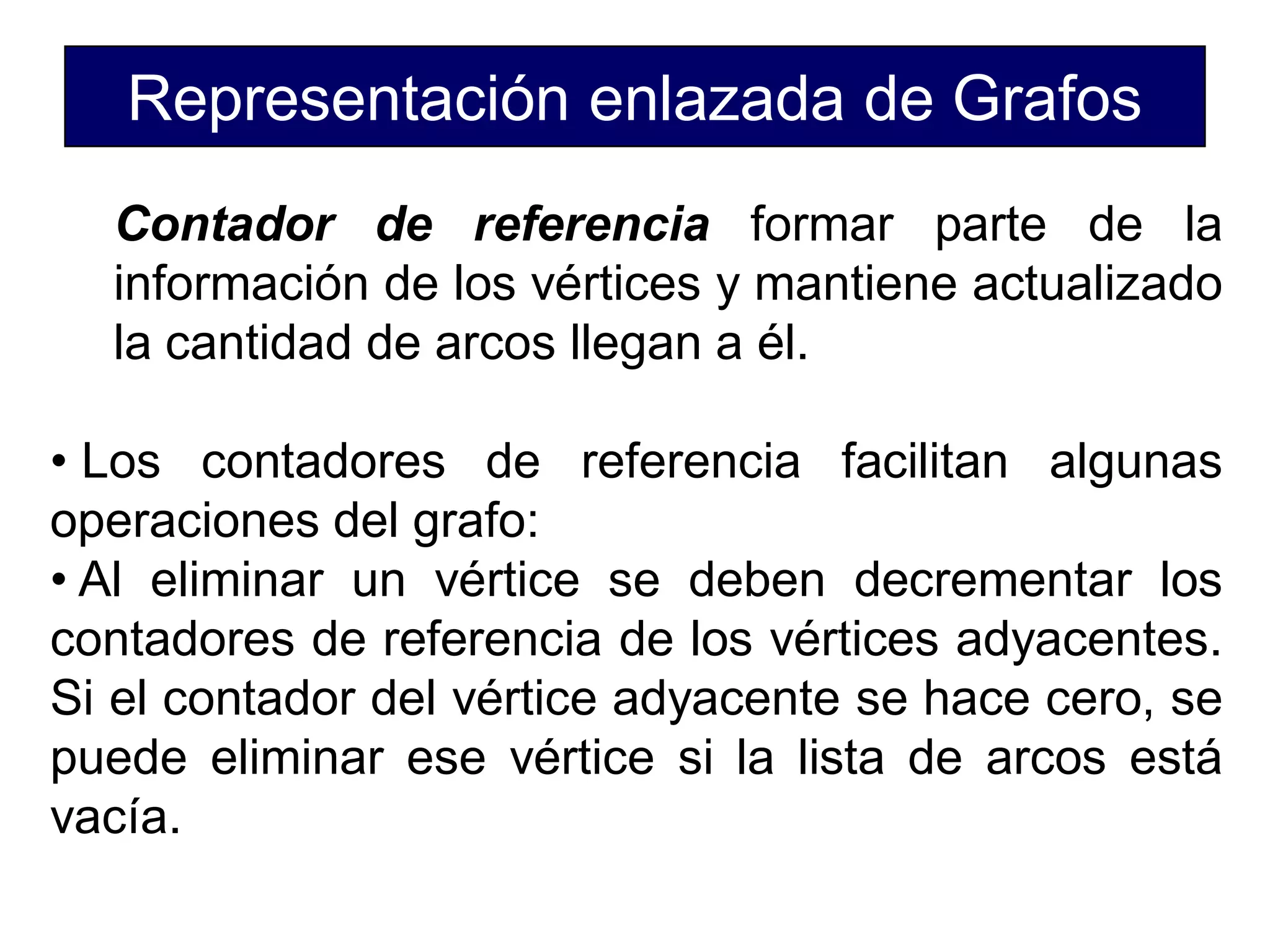 Representación enlazada de Grafos
Contador de referencia formar parte de la
información de los vértices y mantiene actualizado
la cantidad de arcos llegan a él.
• Los contadores de referencia facilitan algunas
operaciones del grafo:
• Al eliminar un vértice se deben decrementar los
contadores de referencia de los vértices adyacentes.
Si el contador del vértice adyacente se hace cero, se
puede eliminar ese vértice si la lista de arcos está
vacía.
 