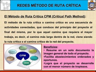 REDES MÉTODO DE RUTA CRÍTICAREDES MÉTODO DE RUTA CRÍTICA
El método de la ruta critica o camino critico es una secuencia de
actividades conectadas, que conduce del principio del proyecto al
final del mismo, por lo que aquel camino que requiera el mayor
trabajo, es decir, el camino más largo dentro de la red, viene siendo
la ruta crítica o el camino crítico de la red del proyecto.
El Método de Ruta Critica CPM (Critical Path Method):
Beneficios:
• Resume en un solo documento la
imagen general de todo el proyecto.
•Facilita abastecimientos ordenados y
oportunos.
•Logra que el proyecto se desarrolle
con el menor número de tropiezos.
 