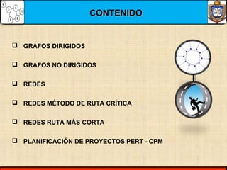CONTENIDOCONTENIDO
 GRAFOS DIRIGIDOS
 GRAFOS NO DIRIGIDOS
 REDES
 REDES MÉTODO DE RUTA CRÍTICA
 REDES RUTA MÁS CORTA
 PLANIFICACIÓN DE PROYECTOS PERT - CPM
 