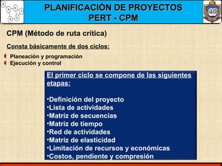 PLANIFICACIÓN DE PROYECTOSPLANIFICACIÓN DE PROYECTOS
PERT - CPMPERT - CPM
CPM (Método de ruta crítica)
Consta básicamente de dos ciclos:
El primer ciclo se compone de las siguientes
etapas:
•Definición del proyecto
•Lista de actividades
•Matriz de secuencias
•Matriz de tiempo
•Red de actividades
•Matriz de elasticidad
•Limitación de recursos y económicas
•Costos, pendiente y compresión
Planeación y programación
Ejecución y control
 