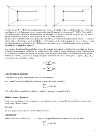 8
Los vértices A, B, C y D del primer grafo (que son todos de grado 2), están conectados entre sí; obviamente
tendría que ocurrir lo mismo con sus correspondientes del segundo grafo, que son A', B', C' y D', situación
imposible aunque cambiemos los nombres de los vértices o la ordenación de ellos, porque A' con las aristas
que están marcadas nunca se podrá conectar con otro vértice de grado 2.
En general no es fácil decidir si dos grafos son isomorfos o no son isomorfos, fundamentalmente si tienen el
mismo número de aristas e igual cantidad de vértices; por lo cual conviene seguir los pasos señalados en el
segundo ejemplo de grafos isomorfos. Si alguno de esos pasos no se cumple los grafos son no isomorfos.
Número de aristas de un grafo:
Una manera de calcular la cantidad de aristas de un grafo (además de la habitual de contarlas), es detectar
el número de aristas que inciden en un vértice, grado del vértice, y sumar todos esos grados. Obtendríamos
así el doble del número total de aristas bastaría con dividir por dos al valor calculado al sumar los grados
de todos los vértices. Entonces, si designamos por 𝑎 el número de aristas de un grafo G y por 𝐴1, 𝐴2, … , 𝐴 𝑛
los 𝑛 vértices de este grafo, resulta:
𝑎 =
1
2
∑ 𝑔(𝐴𝑖)
𝑛
𝑖=1
2𝑎 = ∑ 𝑔(𝐴𝑖)
𝑛
𝑖=1
Lema del apretón de manos:
La suma de los grados en cualquier grafo es un número par.
Más específicamente el doble del número de aristas. Se puede simbolizar:
∑ 𝑔(𝐴𝑖)
𝑛
𝑖=1
= 2𝑎
Si 𝐺 = (𝑉, 𝐴, 𝑓) es un grafo k-regular de n vértices y a aristas entonces k.n=2.a
Vértices pares e impares:
Se dice que un vértice es par si su grado es un número par; de la misma forma un vértice es impar si su
grado es un número impar.
Teorema:
En todo grafo hay un número par de vértices impares.
Demostración:
Sea un grafo de 𝑛 vértices 𝐴1, 𝐴2, … , 𝐴 𝑛, luego se cumple el Lema del apretón de manos, es decir:
∑ 𝑔(𝐴𝑖)
𝑛
𝑖=1
= 2𝑎
 
